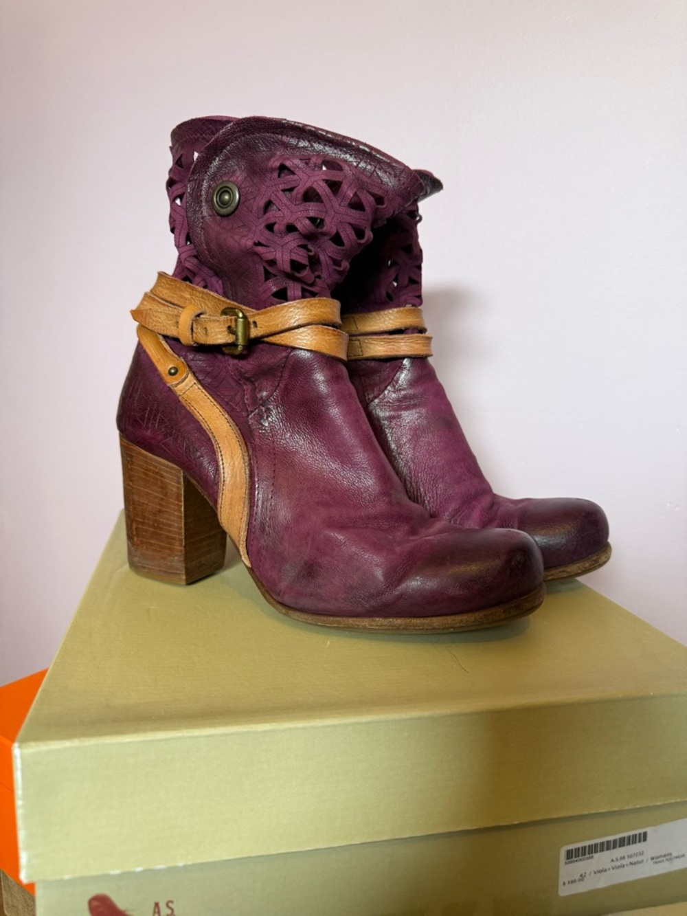 A.S.98 Plum Leather Ankle Boots with Tan Strap